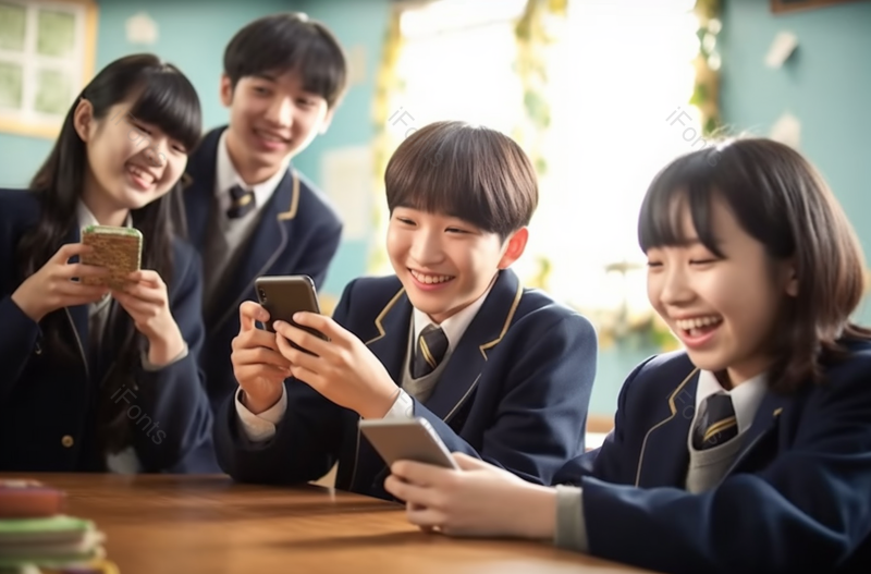 日本学校的学生在教室里一起玩手机摄影背景,高清,摄影图,摄影图片,图片大全,摄影图免费下载